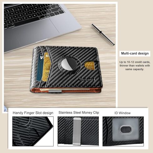 حامل محفظة Wustentre AirTag مع مشبك نقود، محفظة بطاقات هوائية، محفظة حامل بطاقات الائتمان من الجلد الكربوني البسيط RFID تحجب Bifold، محفظة جيب أمامي نحيفة للرجال مع ملحقات فتحة AirTag in Kuwait
