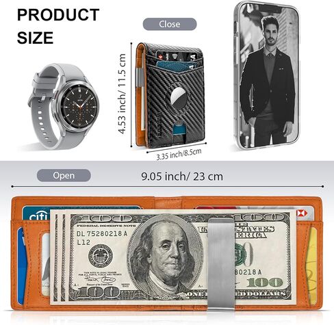 حامل محفظة Wustentre AirTag مع مشبك نقود، محفظة بطاقات هوائية، محفظة حامل بطاقات الائتمان من الجلد الكربوني البسيط RFID تحجب Bifold، محفظة جيب أمامي نحيفة للرجال مع ملحقات فتحة AirTag in Kuwait