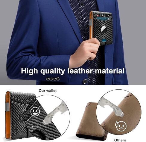 حامل محفظة Wustentre AirTag مع مشبك نقود، محفظة بطاقات هوائية، محفظة حامل بطاقات الائتمان من الجلد الكربوني البسيط RFID تحجب Bifold، محفظة جيب أمامي نحيفة للرجال مع ملحقات فتحة AirTag in Kuwait