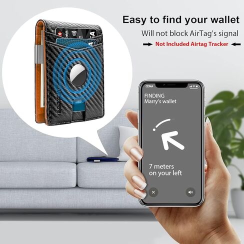 حامل محفظة Wustentre AirTag مع مشبك نقود، محفظة بطاقات هوائية، محفظة حامل بطاقات الائتمان من الجلد الكربوني البسيط RFID تحجب Bifold، محفظة جيب أمامي نحيفة للرجال مع ملحقات فتحة AirTag in Kuwait