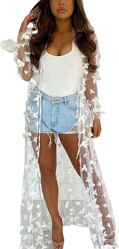 قميص نسائي للشاطئ كيمونو مفتوح من الأمام شبكي ثلاثي الأبعاد على شكل فراشات وربطة عنق بمنظور ملابس الشاطئ سترة صوفية in Kuwait