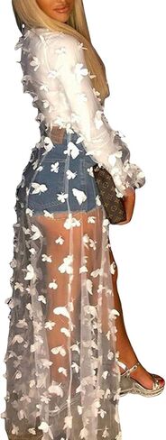 قميص نسائي للشاطئ كيمونو مفتوح من الأمام شبكي ثلاثي الأبعاد على شكل فراشات وربطة عنق بمنظور ملابس الشاطئ سترة صوفية in Kuwait