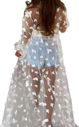 قميص نسائي للشاطئ كيمونو مفتوح من الأمام شبكي ثلاثي الأبعاد على شكل فراشات وربطة عنق بمنظور ملابس الشاطئ سترة صوفية in Kuwait