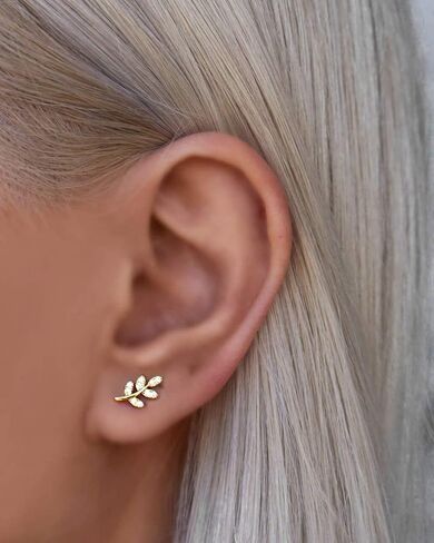 Me&Hz 14K Gold Plated Stud Earrings for Women Girls Cute CZ Heart Lightning Blot Leaf Small Gold Stud Earrings Cartilage Earring Birthday Halloween Christmas Gift in Kuwait