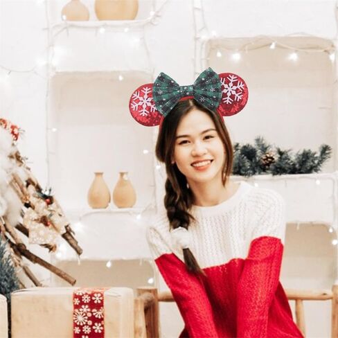YOWOCAL Christmas Mouse Ears Bow Headband,Christmas Ears for Women Kids,Sequin Bow Hair Hoop Headwear for Christmas Parties Cosplay Costume in Kuwait