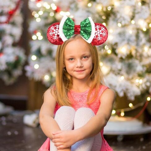 YOWOCAL Christmas Mouse Ears Bow Headband,Christmas Ears for Women Kids,Sequin Bow Hair Hoop Headwear for Christmas Parties Cosplay Costume in Kuwait