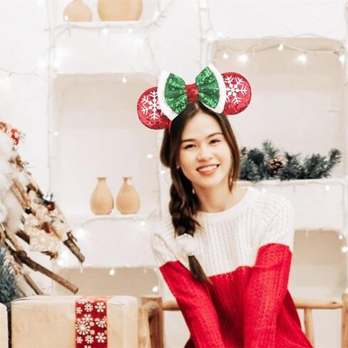 YOWOCAL Christmas Mouse Ears Bow Headband,Christmas Ears for Women Kids,Sequin Bow Hair Hoop Headwear for Christmas Parties Cosplay Costume in Kuwait