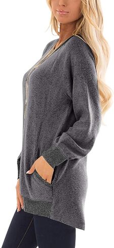 تي شيرت حريمي كاجوال كتلة اللون كم طويل ورقبة مستديرة وجيب تي شيرت وبلوزات وبلوزات مقاس كبير (S-5XL) in Kuwait