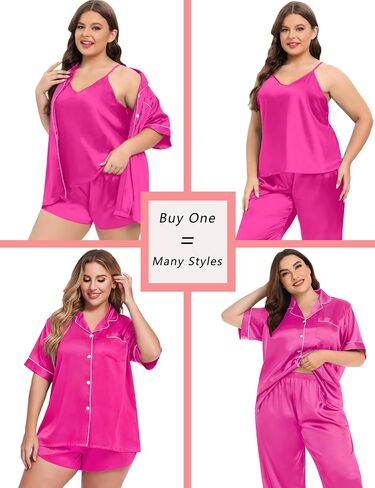 SWOMOG Women Plus Size Pajama Set 4pcs Silk Satin Sleepwear Button Down Pjs Cami Shorts Set Loose Loungewear 16W-26W in Saudi Arabia