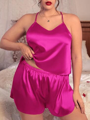 SWOMOG Women Plus Size Pajama Set 4pcs Silk Satin Sleepwear Button Down Pjs Cami Shorts Set Loose Loungewear 16W-26W in Saudi Arabia
