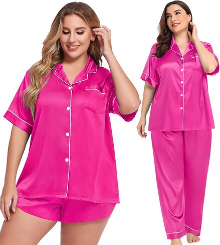 SWOMOG Women Plus Size Pajama Set 4pcs Silk Satin Sleepwear Button Down Pjs Cami Shorts Set Loose Loungewear 16W-26W in Saudi Arabia