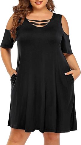 Pinup Fashion Women's Plus Size Sun Dress Cold Shoulder Casual T-Shirt Knee Length Sundresses with Pockets in Kuwait