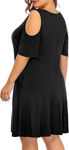 Pinup Fashion Women's Plus Size Sun Dress Cold Shoulder Casual T-Shirt Knee Length Sundresses with Pockets in Kuwait