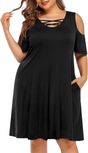 Pinup Fashion Women's Plus Size Sun Dress Cold Shoulder Casual T-Shirt Knee Length Sundresses with Pockets in Kuwait