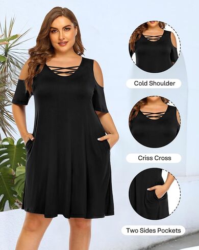 Pinup Fashion Women's Plus Size Sun Dress Cold Shoulder Casual T-Shirt Knee Length Sundresses with Pockets in Kuwait