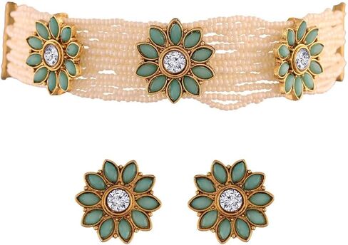 I Jewels Indian Bollywood18K Gold Plated Light Weighted Beaded Floral Choker Jewelry Set Encased With Faux Kundan Along with Earrings for Women (ML228) in Kuwait