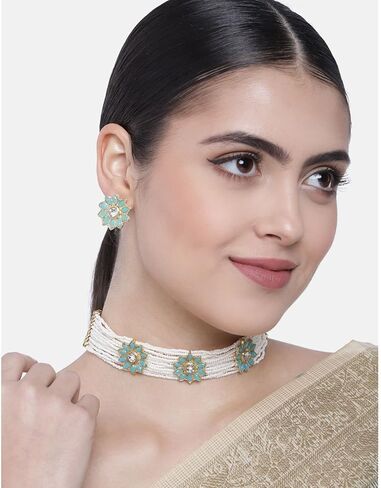 I Jewels Indian Bollywood18K Gold Plated Light Weighted Beaded Floral Choker Jewelry Set Encased With Faux Kundan Along with Earrings for Women (ML228) in Kuwait