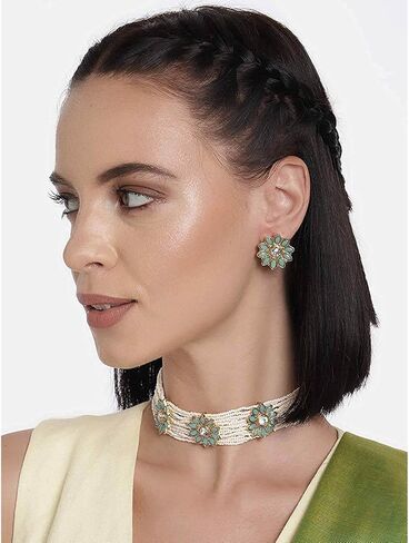 I Jewels Indian Bollywood18K Gold Plated Light Weighted Beaded Floral Choker Jewelry Set Encased With Faux Kundan Along with Earrings for Women (ML228) in Kuwait