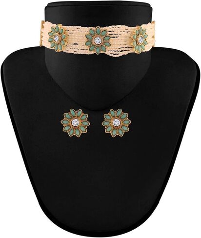 I Jewels Indian Bollywood18K Gold Plated Light Weighted Beaded Floral Choker Jewelry Set Encased With Faux Kundan Along with Earrings for Women (ML228) in Kuwait