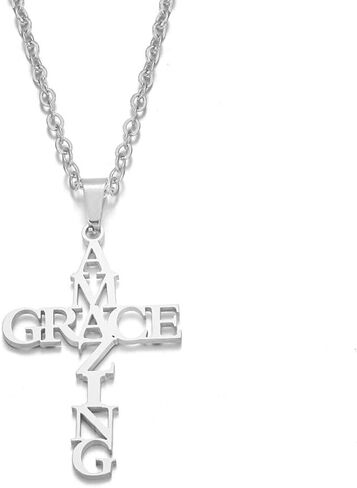 Amazing Grace Cross Pendant Necklace Earring Bracelet Easter Gift Stainless Steel Letter Earring Pendant Neck Decoration Gift with Pattern of Amazing Grace Bracelet Birthday Gift Grace Jewelry Set in Kuwait