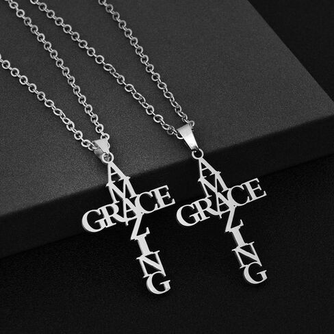 Amazing Grace Cross Pendant Necklace Earring Bracelet Easter Gift Stainless Steel Letter Earring Pendant Neck Decoration Gift with Pattern of Amazing Grace Bracelet Birthday Gift Grace Jewelry Set in Kuwait