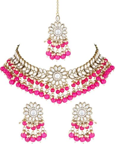 I Jewels مطلية بالذهب الزفاف الهندي بوليوود كوندان واللؤلؤ قلادة قلادة القرط و Maang Tikka مجموعة مجوهرات عرقية هدية للنساء والفتيات (K7232-1) in Kuwait