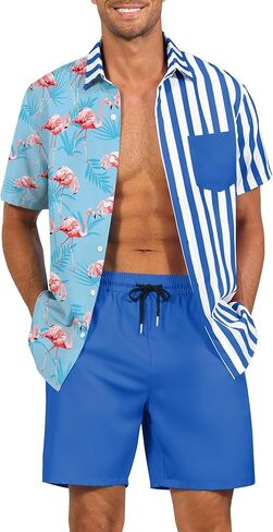 أطقم ملابس الشاطئ الرجالية من LecGee، قمصان Guayabera بأزرار وشورتات رياضية مكونة من قطعتين ملابس صيفية (أزرق، مقاس XX-Large) in Kuwait