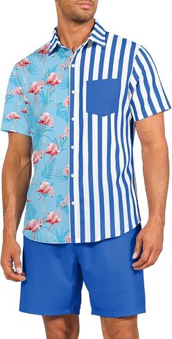 أطقم ملابس الشاطئ الرجالية من LecGee، قمصان Guayabera بأزرار وشورتات رياضية مكونة من قطعتين ملابس صيفية (أزرق، مقاس XX-Large) in Kuwait