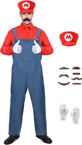 Ruimeier سوبر براذرز زي الكبار الرجال هالوين زي تأثيري بذلة قميص مع قبعة قفازات اللحية سباك البطل in Kuwait