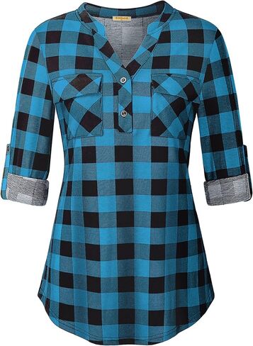 قميص نسائي من BAIKEA بأكمام طويلة ورقبة منقوشة وأزرار سفلية ومربعات in Kuwait