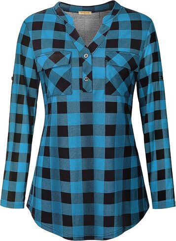 قميص نسائي من BAIKEA بأكمام طويلة ورقبة منقوشة وأزرار سفلية ومربعات in Kuwait