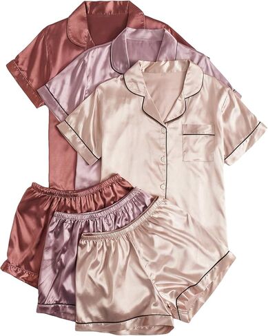 طقم بيجامة حريمي من SOLY HUX مكون من 3 قطع من الساتان وأكمام قصيرة وياقة على شكل حرف V وأزرار سفلية وقميص علوي مع شورت ملابس نوم in Kuwait