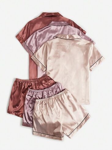 طقم بيجامة حريمي من SOLY HUX مكون من 3 قطع من الساتان وأكمام قصيرة وياقة على شكل حرف V وأزرار سفلية وقميص علوي مع شورت ملابس نوم in Kuwait