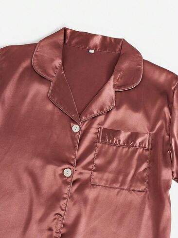 طقم بيجامة حريمي من SOLY HUX مكون من 3 قطع من الساتان وأكمام قصيرة وياقة على شكل حرف V وأزرار سفلية وقميص علوي مع شورت ملابس نوم in Kuwait