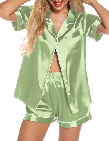 Anjue Silk Satin Pajamas Set Women's Short Sleeve Sleepwear Soft Pjs Shorts Set Two Piece Button Down Pj Set S-XXL in Kuwait
