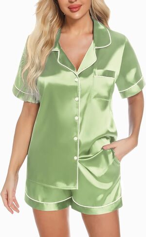 Anjue Silk Satin Pajamas Set Women's Short Sleeve Sleepwear Soft Pjs Shorts Set Two Piece Button Down Pj Set S-XXL in Kuwait