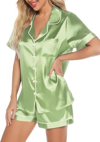 Anjue Silk Satin Pajamas Set Women's Short Sleeve Sleepwear Soft Pjs Shorts Set Two Piece Button Down Pj Set S-XXL in Kuwait