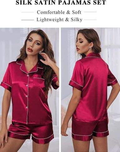 Anjue Silk Satin Pajamas Set Women's Short Sleeve Sleepwear Soft Pjs Shorts Set Two Piece Button Down Pj Set S-XXL in Kuwait