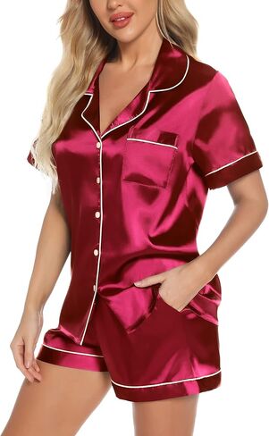 Anjue Silk Satin Pajamas Set Women's Short Sleeve Sleepwear Soft Pjs Shorts Set Two Piece Button Down Pj Set S-XXL in Kuwait