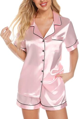 Anjue Silk Satin Pajamas Set Women's Short Sleeve Sleepwear Soft Pjs Shorts Set Two Piece Button Down Pj Set S-XXL in Kuwait