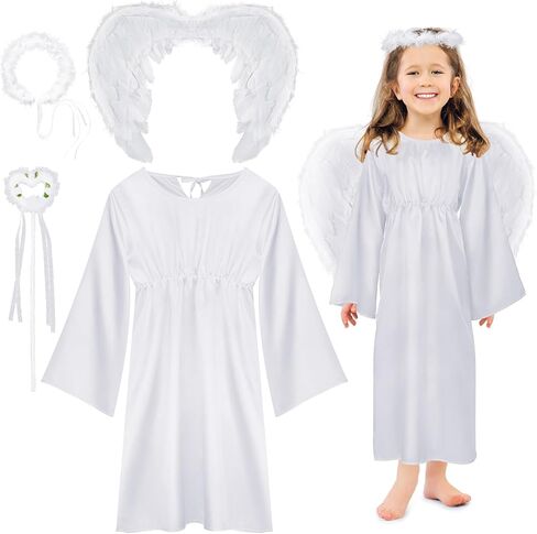 Eurzom 4 Pcs Girls Angel Costume Set White Dress Angel Feather Wings Angel Halo and Wand for Kids Halloween Party Cosplay in Saudi Arabia