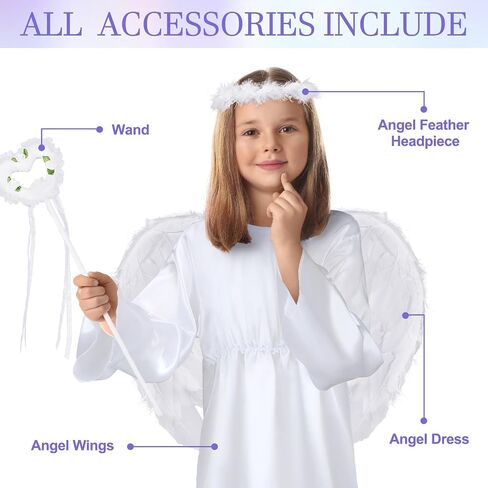 Eurzom 4 Pcs Girls Angel Costume Set White Dress Angel Feather Wings Angel Halo and Wand for Kids Halloween Party Cosplay in Saudi Arabia
