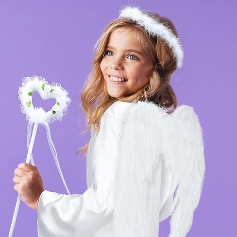 Eurzom 4 Pcs Girls Angel Costume Set White Dress Angel Feather Wings Angel Halo and Wand for Kids Halloween Party Cosplay in Saudi Arabia