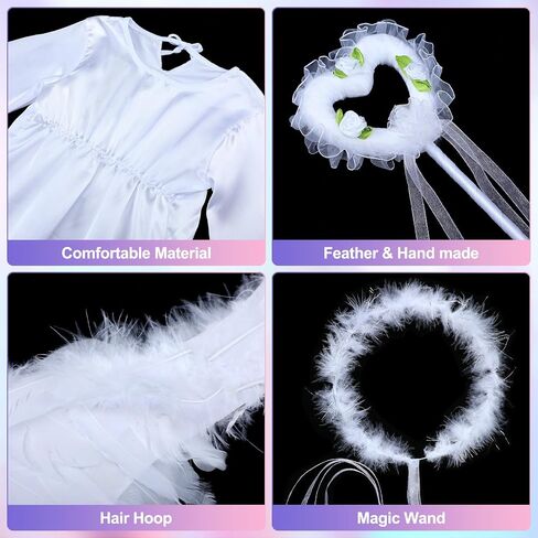Eurzom 4 Pcs Girls Angel Costume Set White Dress Angel Feather Wings Angel Halo and Wand for Kids Halloween Party Cosplay in Saudi Arabia