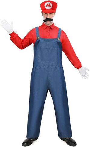 أزياء Hitormoon للبالغين من Super Brothers أزياء الهالوين للرجال أزياء تنكري سباك جينز بذلة قميص مع قبعة وقفازات شارب in Kuwait