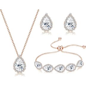LOYALLOOK Wedding Jewelry for Bride CZ Teardrop Bridesmaid Earrings Bracelets Pendant Rhinestone Necklace Costume Jewelry Wedding Necklace Sets for Women Brides Bridesmaids in Kuwait