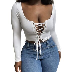 Artfish Women's Sexy Lace Up Front T-Shirts Long Sleeve Ribbed Knit Slim Fitted Crisscross Basic Crop Top