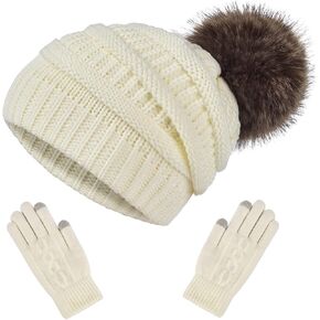 Slouchy Beanie Hat Gloves Set Women Winter Knit Warm Fleece Lined Cap with Cute Pom