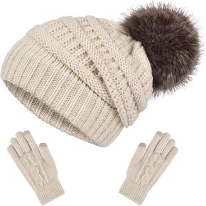 Slouchy Beanie Hat Gloves Set Women Winter Knit Warm Fleece Lined Cap with Cute Pom in Kuwait