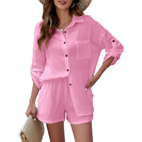 Flygo Women's 2 Piece Outfits Lounge Short Sets Cotton Linen Roll Up Sleeve Button Down Shirt Top Shorts Set in Kuwait